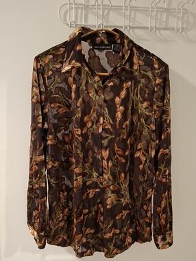 Chocolate Brown & Green Vintage 90's Velvet Burnout Button-down Shirt (Size S)